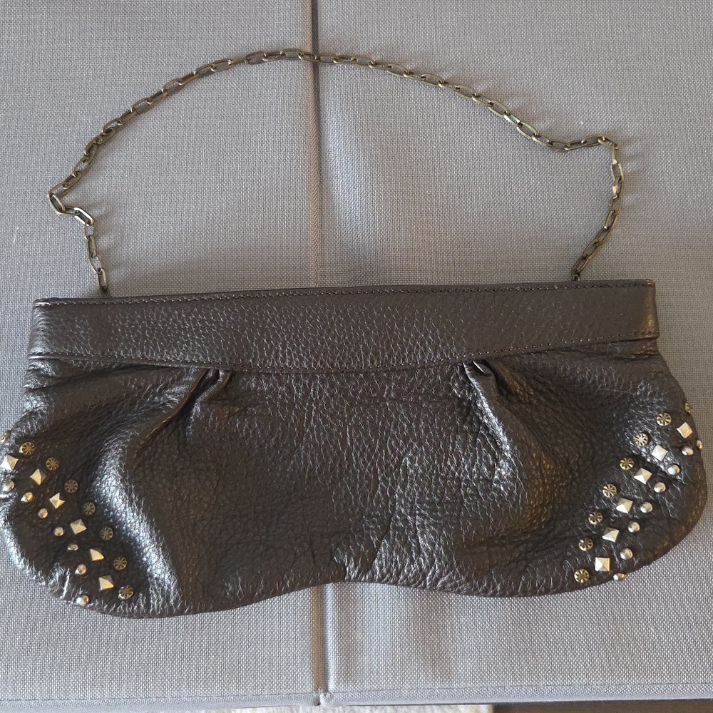 ABS Allen Schwartz Black Leather Clutch with Silver Studs